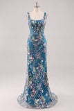 Pink Floral Sequin Square Neck Mermaid Maxi Prom Dress