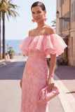 Yellow Bodycon Off the Shoulder Floral Ruffled Wedding Guest Dress