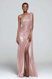 Metallic Ruched Brown One Shoulder Maxi Dress With Slit