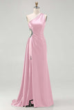 One Shoulder Cut Out Satin Black Tie Dress With Slit
