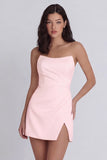 Strapless Ruched Bodycon Mini White Dress with Slit