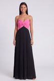 Strapless Pink and Orange ColorBlock Pleated A Line Formal Dress
