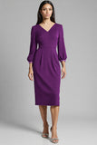 Navy V-Neck Sheath Midi Dress with 3/4 Sleeves