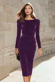 Pencil Velvet Long Sleeve Dark Green Work Dress