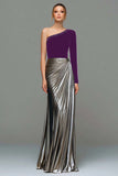 Black and Grey Asymmetrical Neck Ruched Formal Dress