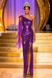 Sparkly Dark Green Sheath One Shoulder Pageant Dress With Slit