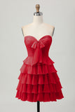 Yellow A Line Tiered Strapless Homecoming Dress with Bow