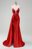 Beaded Corset Spaghetti Straps Mermaid Navy Prom Dress with Slit