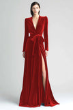 Dark Green Velvet Long Sleeve Formal Dress With Slit