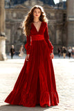 Velvet A-Line Brown V-Neck Maxi Formal Dress With Slit