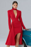 Black Notched Lapel Long Sleeve Semi-Formal Dress With Slit