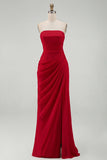 Light Pink Strapless Ruched Sheath Prom Dress with Slit