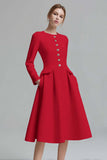 Ivory A-Line Round Neck Tweed Long Sleeve Work Dress