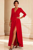 Burgundy A Line Bowed V Neck Mother of the Bride Dress