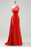 One Shoulder Cut Out Satin Black Tie Dress With Slit
