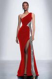 One Shoulder Velvet Sequin Mermaid Black Tie Dress With Slit