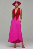Orange and Fuchsia V-Neck A-Line Formal Dress With Bow
