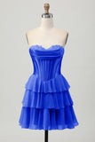 Blue Corset Strapless Tiered A Line Homecoming Dress