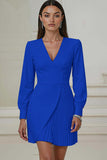 Ivory V-Neck Long Sleeve Pleated A-Line Work Dress
