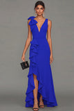 Black Bowed V Neck Maxi Formal Dress with Ruffles