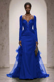 Dark Green Satin Mermaid Evening Dress With Long Sleeves