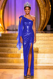 Sparkly Dark Green Sheath One Shoulder Pageant Dress With Slit