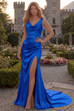 Cowl Neck Mermaid Burgundy Satin Prom Dress with Slit