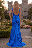 Cowl Neck Mermaid Burgundy Satin Prom Dress with Slit
