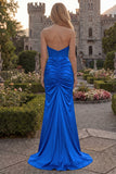 Strapless Burgundy Mermaid Satin Ruched Maxi Prom Dress