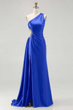 One Shoulder Cut Out Satin Black Tie Dress With Slit