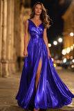 Gold A-Line V-Neck Pleated Formal Dress With Slit