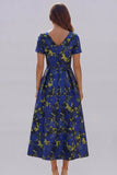 Blue White Floral A Line V Neck Midi Wedding Guest Dress