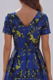 Blue White Floral A Line V Neck Midi Wedding Guest Dress