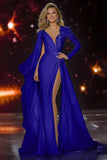 White Appliqued V-Neck Mermaid Pageant Dress With High Slit