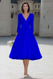 Ivory V-Neck A-Line Satin Engagement Dress With 3/4 Sleeves
