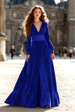 Velvet A-Line Brown V-Neck Maxi Formal Dress With Slit