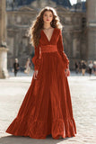 Velvet A-Line Brown V-Neck Maxi Formal Dress With Slit