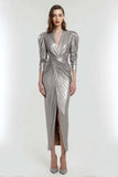 Sheath V-Neck Ruched Light Gold Formal Dress With Slit