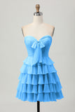 Yellow A Line Tiered Strapless Homecoming Dress with Bow