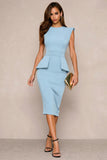 Navy Bodycon Round Neck Midi Work Dress with Slit