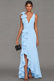 Black Bowed V Neck Maxi Formal Dress with Ruffles