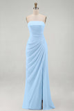 Light Pink Strapless Ruched Sheath Prom Dress with Slit