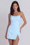 Strapless Ruched Bodycon Mini White Dress with Slit