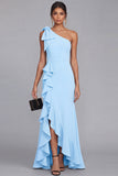 One Shoulder Black Mermaid Bowed Formal Dress with Ruffles