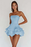 White Strapless A Line Tiered Satin Graduation Dress