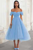 Yellow Off The Shoulder A Line Tulle Wedding Guest Dress