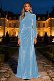 Royal Blue Long Sleeve Velvet Formal Dress With Beading