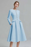 Ivory A-Line Round Neck Tweed Long Sleeve Work Dress
