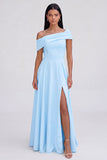 Asymmetrical Neck Yellow A Line Maxi Dress with Slit