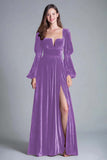 Burgundy A-Line Long Sleeve Velvet Holiday Party Dress With Slit